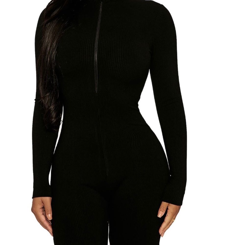 NAKED WARDROBE Long Sleeve Black Ribbed Body Suit—Shorts (Medium)